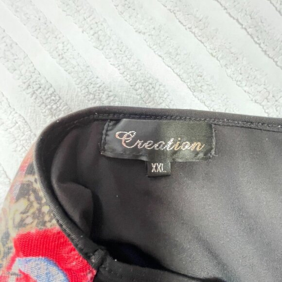 Creation Womens 3/4 Sleeve Tunic Top XXL Red Peacock Feathers Asymmetric Hem - Picture 3 of 8